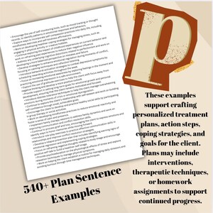 The page has black text that lists examples of personalized treatment plans, action steps, coping strategies, and goals for the client. The text also includes the phrase '540+ Plan Sentence Examples'.