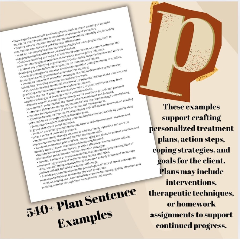 The page has black text that lists examples of personalized treatment plans, action steps, coping strategies, and goals for the client. The text also includes the phrase '540+ Plan Sentence Examples'.