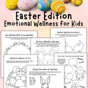 May include: Black and white printable coloring pages with an Easter theme. The pages feature bunnies, chicks, eggs, and baskets. The pages are designed to help children with emotional wellness.