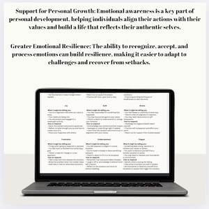 K&ouml;nnte beinhalten: Ein Laptop-Bildschirm zeigt eine Tabelle mit dem Titel "Support for Personal Growth: Emotional awareness is a key part of personal development." Die Tabelle listet verschiedene Emotionen und wie man darauf reagiert.