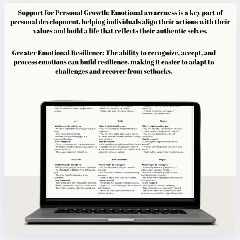 K&ouml;nnte beinhalten: Ein Laptop-Bildschirm zeigt eine Tabelle mit dem Titel "Support for Personal Growth: Emotional awareness is a key part of personal development." Die Tabelle listet verschiedene Emotionen und wie man darauf reagiert.