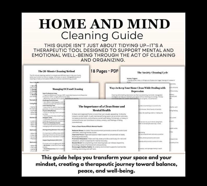 Cleaning Your Mind and Home Workbook, designed to address depression, anxiety, and mental well-being. Includes exercises for decluttering both physical space and mental clutter to foster emotional clarity and healing