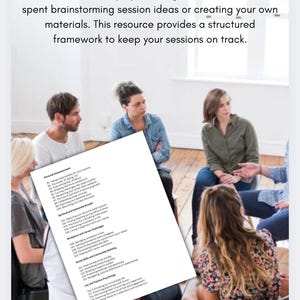May include: A white sheet of paper with a list of topics for a group discussion. The topics include personal empowerment, spiritual and emotional growth, workplace and career challenges, social skills and community building, and joy and positive psychology. The paper is held by a person in a group setting.