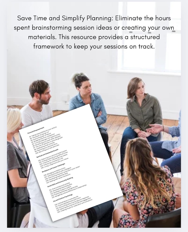May include: A white sheet of paper with a list of topics for a group discussion. The topics include personal empowerment, spiritual and emotional growth, workplace and career challenges, social skills and community building, and joy and positive psychology. The paper is held by a person in a group setting.