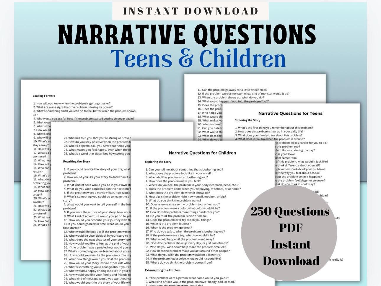 Preguntas narrativas para adolescentes Preguntas de terapia para niños Explorando fortalezas Años de adolescencia Terapia para jóvenes Herramientas del terapeuta