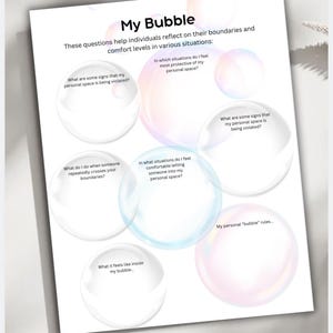 May include: A worksheet with a bubble diagram to help individuals reflect on their personal boundaries and comfort levels in various situations. The worksheet includes questions such as "What are some signs that my personal space is being violated?" and "What do I do when someone repeatedly crosses your boundaries?"