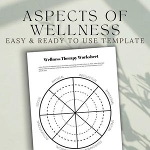May include: A black and white printable wellness therapy worksheet with a wheel divided into eight sections: physical, intellectual, social, occupational, emotional, spiritual, environmental, and financial. The text "Wellness Therapy Worksheet" is at the top of the page.