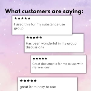 Puede incluir: Gr&aacute;fico digital con el texto "Lo que dicen los clientes:" y cuatro rese&ntilde;as de clientes con calificaciones de cinco estrellas. Las rese&ntilde;as mencionan grupos de uso de sustancias, discusiones grupales y documentos de sesi&oacute;n.