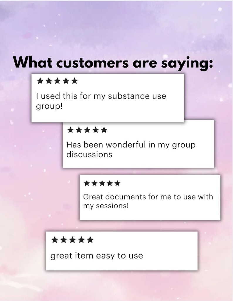 Puede incluir: Gr&aacute;fico digital con el texto "Lo que dicen los clientes:" y cuatro rese&ntilde;as de clientes con calificaciones de cinco estrellas. Las rese&ntilde;as mencionan grupos de uso de sustancias, discusiones grupales y documentos de sesi&oacute;n.