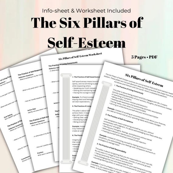 Six Pillars of Self-Esteem Bundle Guided Worksheet Info Sheet for Confidence & Growth