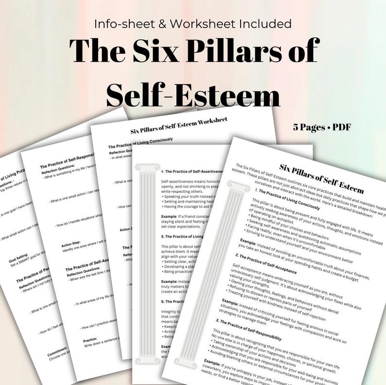 Self-esteem is built through Living consciously, being present. Self-acceptance, embracing yourself. Self-responsibility, taking ownership. Self-assertiveness, expressing needs. Live purposefully, setting goals. Personal integrity, be true to values.