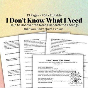 May include: A 13-page editable PDF document titled I Don't Know What I Need, featuring black text on white paper. The pages include sections like What Might I Actually Need, My Needs Are Information, and My Needs Plan, with a Mind Shift Health logo.