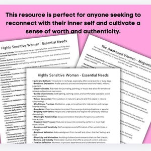 Puede incluir: Dos p&aacute;ginas de texto con fondos rosas y texto blanco. El texto de la p&aacute;gina izquierda est&aacute; titulado "Highly Sensitive Woman - Essential Needs" y enumera una serie de vi&ntilde;etas. El texto de la p&aacute;gina derecha est&aacute; titulado "The Awakened Women - Magnetism" y enumera una serie de vi&ntilde;etas.