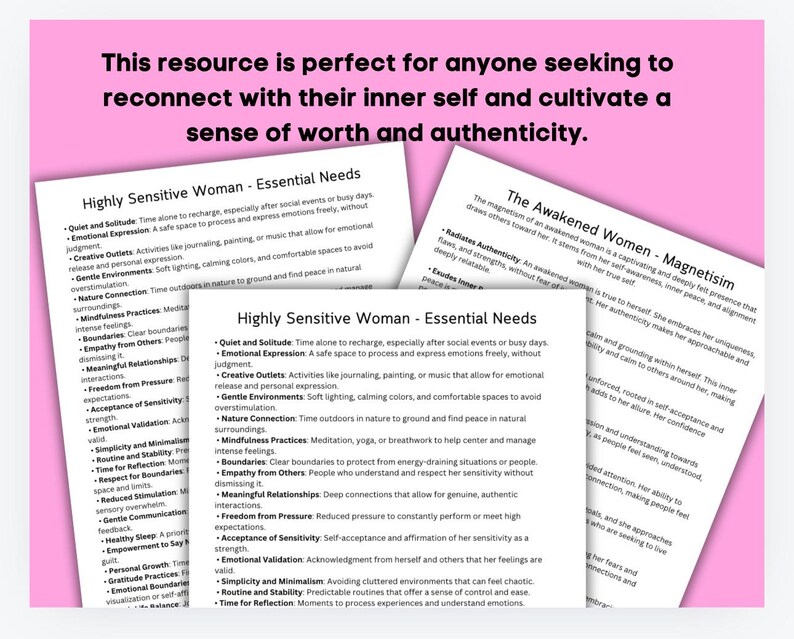 Puede incluir: Dos p&aacute;ginas de texto con fondos rosas y texto blanco. El texto de la p&aacute;gina izquierda est&aacute; titulado "Highly Sensitive Woman - Essential Needs" y enumera una serie de vi&ntilde;etas. El texto de la p&aacute;gina derecha est&aacute; titulado "The Awakened Women - Magnetism" y enumera una serie de vi&ntilde;etas.
