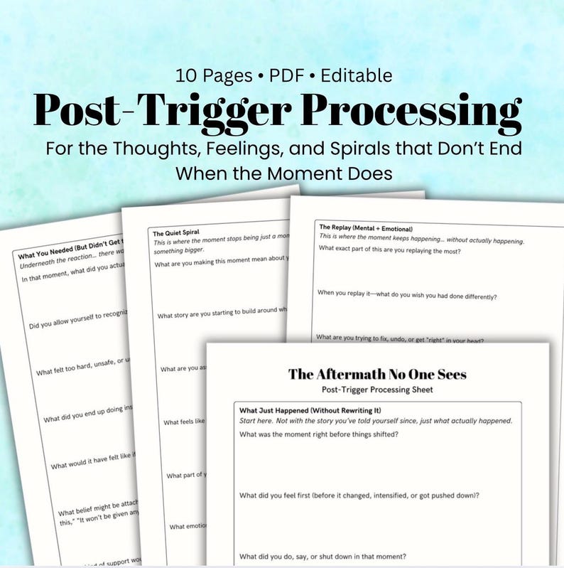 May include: A collection of printable worksheets titled "Post-Trigger Processing" with prompts for self-reflection. The worksheets are white with black text and include sections like "The Quiet Spiral" and "The Aftermath No One Sees." The top of the image reads "10 Pages &bull; PDF &bull; Editable."