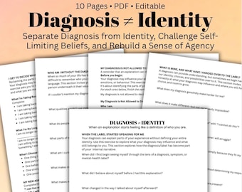 Diagnosis & Identity Therapy Worksheet  Mental Health Reflection Self-Identity Self-Worth Therapist Resource Clinical Prompts