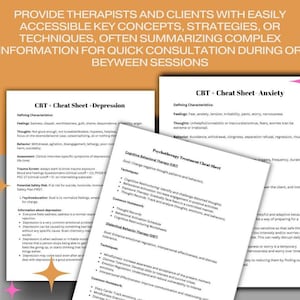 May include: Three printable cheat sheets for cognitive behavioral therapy (CBT) focusing on anxiety, depression, and psychotherapy treatment. The sheets include defining characteristics, feelings, thoughts, behaviors, and common homework assignments.