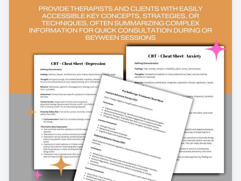 May include: Three printable cheat sheets for cognitive behavioral therapy (CBT) focusing on anxiety, depression, and psychotherapy treatment. The sheets include defining characteristics, feelings, thoughts, behaviors, and common homework assignments.