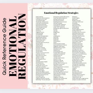 May include: A pink and white floral patterned page with a list of emotional regulation strategies. The strategies are divided into three categories: Deep Breathing, Writing down positive affirmations, and Meditation.