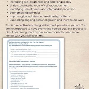 May include: A workbook page with text detailing self-awareness, emotional clarity, and self-trust. The page includes fill-in-the-blank sections and a list of topics related to self-abandonment. The Mind Shift Health logo is in the bottom right corner.
