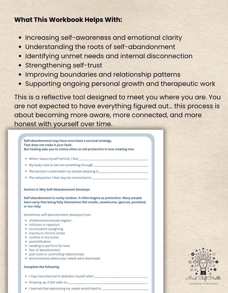 May include: A workbook page with text detailing self-awareness, emotional clarity, and self-trust. The page includes fill-in-the-blank sections and a list of topics related to self-abandonment. The Mind Shift Health logo is in the bottom right corner.