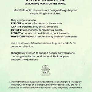 May include: A light green informational card titled A TOOL FOR THE CONVERSATION. A STARTING POINT FOR THE WORK. It lists MindShiftHealth resources for exploring patterns, thoughts, emotions, and beliefs, featuring a small logo and a disclaimer at the bottom.