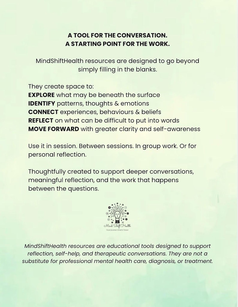 May include: A light green informational card titled A TOOL FOR THE CONVERSATION. A STARTING POINT FOR THE WORK. It lists MindShiftHealth resources for exploring patterns, thoughts, emotions, and beliefs, featuring a small logo and a disclaimer at the bottom.