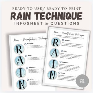 Puede incluir: Hoja de trabajo imprimible con gotas de lluvia azules y blancas, titulada "Rain - Mindfulness Technique" con el acrónimo RAIN y cuatro pasos: Reconocer, Permitir, Investigar y Nutrir. La hoja de trabajo incluye preguntas para ayudarte a practicar la atención plena.
