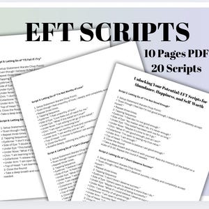 Puede incluir: Un documento con el título "EFT Scripts" y el subtítulo "Desbloquea tu potencial: Scripts EFT para la abundancia, la felicidad y la autoestima". El documento contiene 20 scripts para la técnica de liberación emocional (EFT) y está disponible como un PDF de 10 páginas.