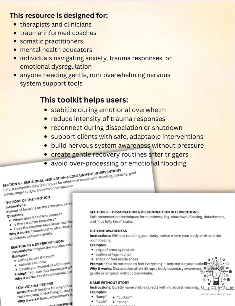 Trauma-informed mental health worksheet for therapists, counsellors, and social workers to support client reflection, emotional regulation, and trauma-aware therapeutic practice.