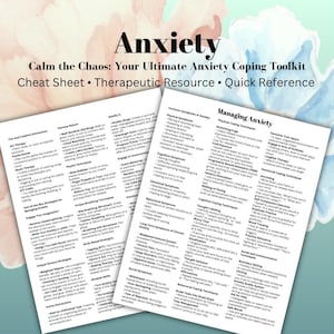 以下が含まれることがあります： ピンクと白の花柄の背景を持つ、印刷可能な不安に対処するためのチートシート。シートは、不安の一般的な症状、不安の管理、そして混乱を鎮める：究極の不安に対処するためのツールキットの3つのセクションに分かれています。シートには、不安の身体的および認知的症状のリストと、不安に対処するためのさまざまな対処法が含まれています。