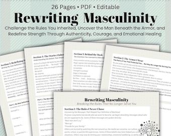 Mens Mental Health Workbook Rewriting Masculinity Midlife Self-Discovery Journal Pages Therapy Worksheets Emotional Healing Personal Growth