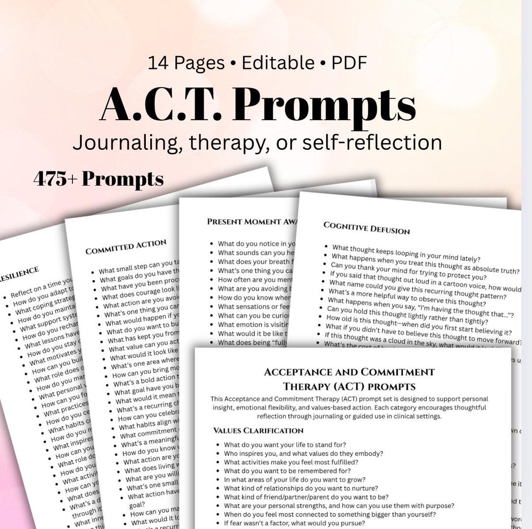 ACT Therapy Journal Prompts for Mental Health, Values Clarification ...