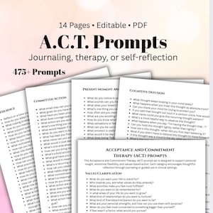 Könnte beinhalten: Ein digitales PDF mit dem Titel "A.C.T. Prompts" mit 14 Seiten, für Journaling, Therapie oder Selbstreflexion. Das Cover zeigt den Titel und "475+ Prompts". Das Dokument enthält Abschnitte zu Resilienz, engagiertem Handeln und kognitiver Defusion.