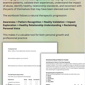 May include: A workbook for emotional abuse recovery featuring text about patterns, validation, and healthy relationships. It includes pages titled Trusting the Fact, The Self-Doubt Impact Check, and Emotional Abuse Patterns Tracker with checkboxes.