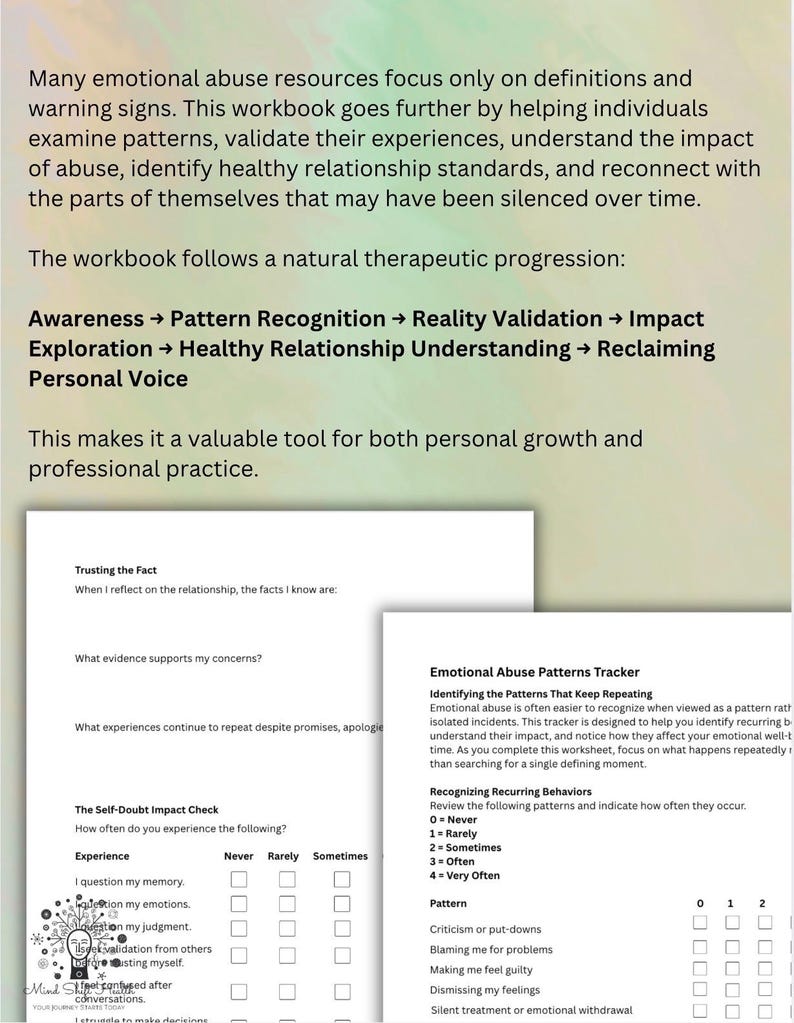 May include: A workbook for emotional abuse recovery featuring text about patterns, validation, and healthy relationships. It includes pages titled Trusting the Fact, The Self-Doubt Impact Check, and Emotional Abuse Patterns Tracker with checkboxes.