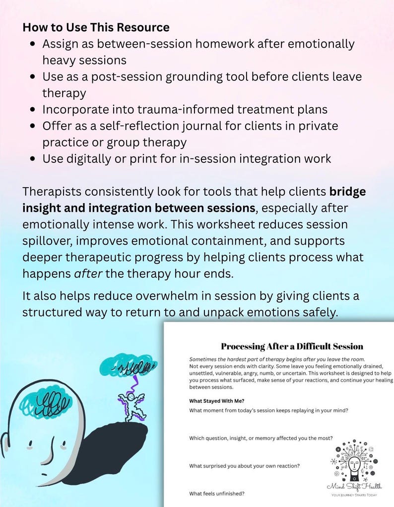 May include: A therapeutic worksheet titled Processing After a Difficult Session with prompts including What Stayed With Me, What question, insight, or memory affected you the most, What surprised you about your own reaction, and What feels unfinished.