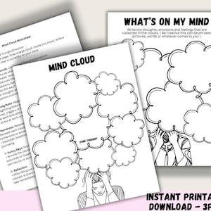 May include: A printable worksheet with a mind cloud diagram. The worksheet is designed to help people identify and explore their thoughts, emotions, and feelings. The diagram features a large cloud in the center, representing the core thought, and smaller clouds surrounding it, representing related thoughts and feelings. The text "What's on my mind" is at the top of the page.