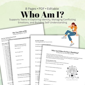 May include: A printable PDF workbook titled "Who Am I?" designed to support teens in exploring identity, managing emotions, and building self-understanding. The workbook includes worksheets with prompts for self-reflection and exploration.