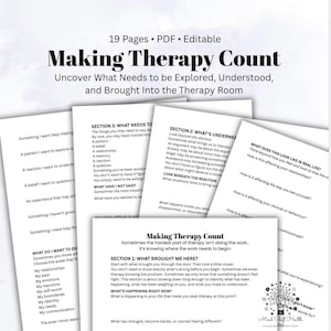 以下が含まれることがあります： Making Therapy Countと題された19ページの編集可能なPDFドキュメント。セラピーセッションのトピックを見つけるために設計されています。各ページには、個人的な経験や感情に関する構造化されたセクション、プロンプト、質問が記載されています。