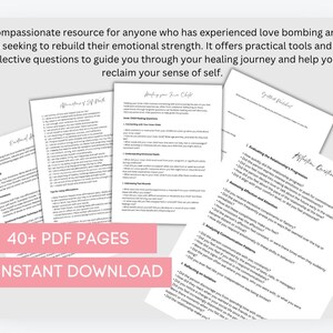 May include: A pink and white graphic with the text "40+ PDF PAGES INSTANT DOWNLOAD" on a white background. The graphic is surrounded by images of pages with text and headings, including "Affection Checklist", "Evaluating the Relationship's Progression", "Assessing Affection and Attention", "Analyzing Communication Patterns", "Reflecting on Disillusion", and "Healing Your Inner Child".