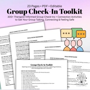 May include: A 23-page PDF Group Check-In Toolkit featuring therapist-informed activities. The document includes sections titled Facilitator Reminders, Quick Check-In Formats, and Facilitator Guide, with icons of three people and speech bubbles.