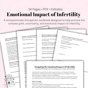May include: A 34-page editable PDF workbook titled Emotional Impact of Infertility. The document includes multiple pages with exercises, prompts, and reflective text focused on processing grief, uncertainty, and healing related to infertility.