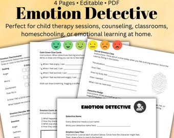 Può includere: Un documento PDF modificabile di quattro pagine intitolato Emotion Detective, contenente schede didattiche per l'apprendimento emotivo. Le pagine includono un termometro delle emozioni, carte indizio, un caso segreto e una sezione per il distintivo da detective.