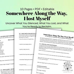 May include: A 10-page editable PDF worksheet titled Somewhere Along the Way, I lost Myself. The document includes sections for self-reflection, such as identifying needs and exploring identity erosion, with the Mind Shift Health logo visible.