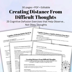 May include: A 30-page editable PDF document titled Creating Distance From Difficult Thoughts, featuring 25 cognitive defusion exercises. The pages include headings like Cognitive Defusion Quick Check-In, Thought Traffic, and Clouds Passing.