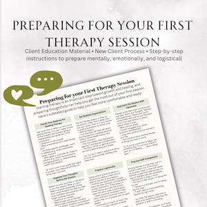 Peut inclure: Une feuille de travail imprimable avec des conseils pour préparer votre première séance de thérapie. La feuille de travail est divisée en sections avec des titres tels que « Clarifier vos raisons de consulter un thérapeute », « Fixer des attentes réalistes », « Organiser vos pensées avant la séance », « Se préparer logiquement », « Aborder la séance avec ouverture » et « Pratiquer la compassion envers soi-même ».