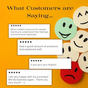 K&ouml;nnte beinhalten: Ein gelber Hintergrund mit f&uuml;nf Smiley-Gesichtern und vier Kundenbewertungen. Die Bewertungen sind alle f&uuml;nf Sterne und beinhalten positive Kommentare zum Produkt. Der Text lautet: "Was Kunden sagen... Eine hilfreiche Ressource f&uuml;r Menschen, die lernen, ihre Gef&uuml;hle und emotionalen Reaktionen zu verstehen. Es gab eine gute Menge an Emotionen und es wurde gut erkl&auml;rt. Es war sehr sehr hilfreich! Ich bin sehr zufrieden mit meinem Kauf! Ich werde wieder bei Ihnen einkaufen. Vielen Dank! :-) "