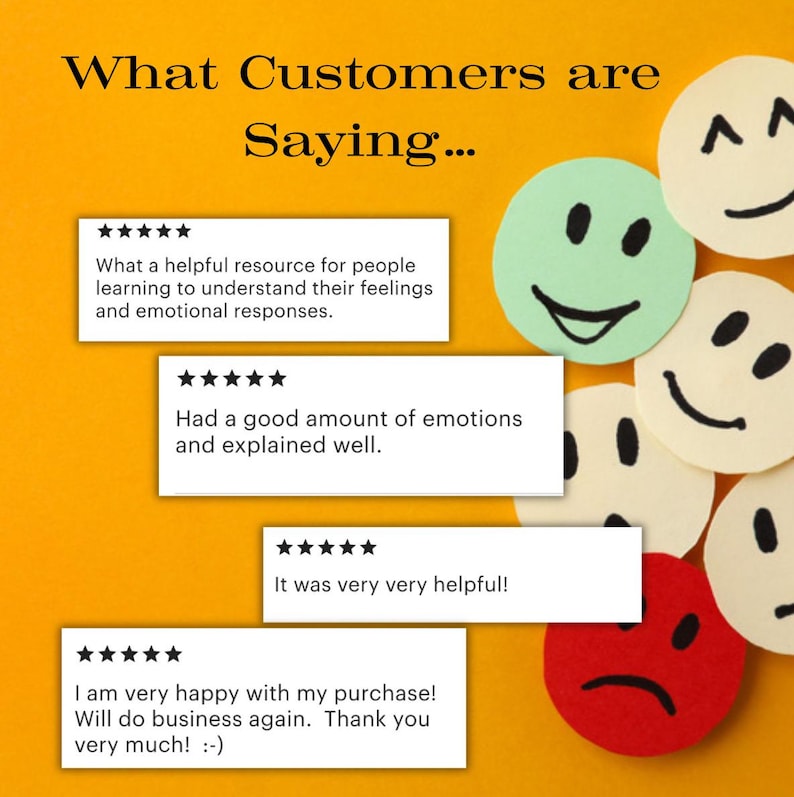 K&ouml;nnte beinhalten: Ein gelber Hintergrund mit f&uuml;nf Smiley-Gesichtern und vier Kundenbewertungen. Die Bewertungen sind alle f&uuml;nf Sterne und beinhalten positive Kommentare zum Produkt. Der Text lautet: "Was Kunden sagen... Eine hilfreiche Ressource f&uuml;r Menschen, die lernen, ihre Gef&uuml;hle und emotionalen Reaktionen zu verstehen. Es gab eine gute Menge an Emotionen und es wurde gut erkl&auml;rt. Es war sehr sehr hilfreich! Ich bin sehr zufrieden mit meinem Kauf! Ich werde wieder bei Ihnen einkaufen. Vielen Dank! :-) "
