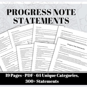 Pode incluir: Uma imagem preto e branco de um documento intitulado "Progress Note Statements". O documento é dividido em seções com títulos como "Humor e Afeto", "Cognição e Padrões de Pensamento" e "Mudanças Comportamentais". O documento indica que contém 19 páginas, 64 categorias únicas e mais de 300 declarações.